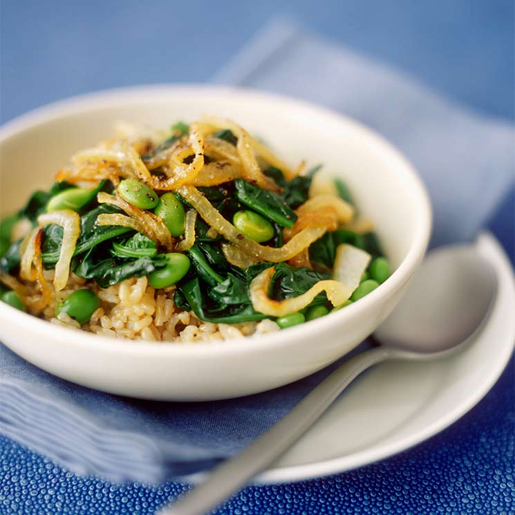 Arroz integral con espinacas y judías verdes